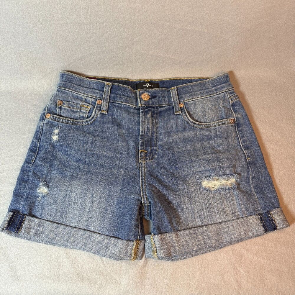 7 For All Mankind Mid Roll Cuffed Denim Shorts Distressed Women's Size 25